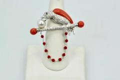 Platinum Diamond Coral Pearl Parrot Brooch Necklace on Bar Branch - 3448926