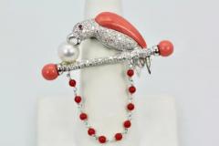 Platinum Diamond Coral Pearl Parrot Brooch Necklace on Bar Branch - 3448928