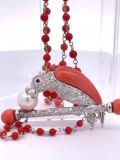 Platinum Diamond Coral Pearl Parrot Brooch Necklace on Bar Branch - 3448931