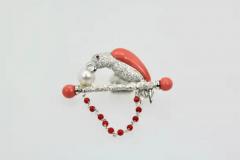 Platinum Diamond Coral Pearl Parrot Brooch Necklace on Bar Branch - 3448962