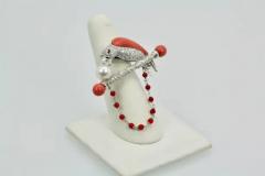 Platinum Diamond Coral Pearl Parrot Brooch Necklace on Bar Branch - 3448964