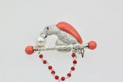 Platinum Diamond Coral Pearl Parrot Brooch Necklace on Bar Branch - 3448967