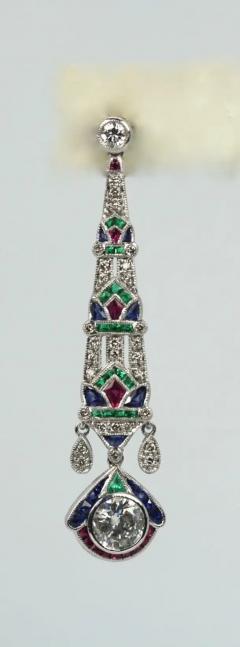 Platinum Diamond Sapphire Emerald Ruby Drop Earrings - 3448985