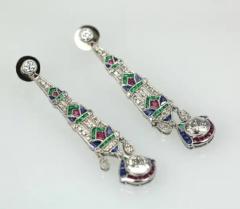 Platinum Diamond Sapphire Emerald Ruby Drop Earrings - 3449021