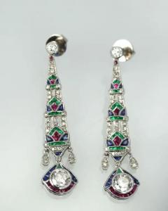 Platinum Diamond Sapphire Emerald Ruby Drop Earrings - 3449025