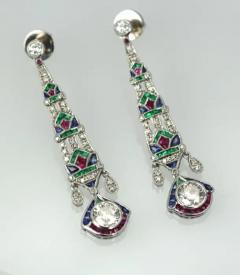 Platinum Diamond Sapphire Emerald Ruby Drop Earrings - 3449037