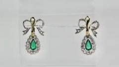 Platinum Emerald Diamond Bow Earrings - 3451372
