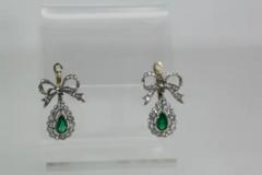 Platinum Emerald Diamond Bow Earrings - 3451381