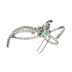 Platinum Green Emerald And 8 00 Carat Diamond Bow Brooch - 4406651