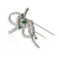 Platinum Green Emerald And 8 00 Carat Diamond Bow Brooch - 4406656