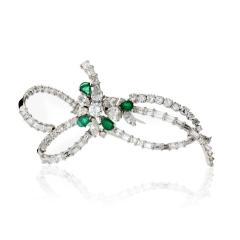 Platinum Green Emerald And 8 00 Carat Diamond Bow Brooch - 4412083