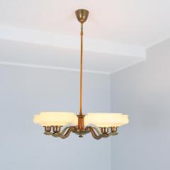 Pohjoismainen S hk Art Deco Pendant in Brass Birch Opaline Glass PSO Finalnd 1940s - 4325985