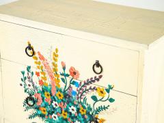 Polychrome Flowers in Vase Handpainted on Chest of Drawers Mid 20th Century - 3585280
