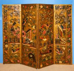 Polychrome Painted Panel Gilt Leather Screen - 3937375