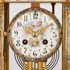 Porcelain champlev enamel and gilt bronze Rococo style three piece clock set - 2898233