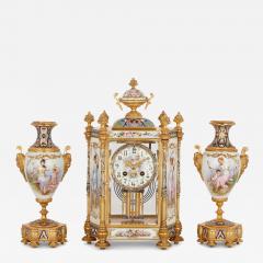 Porcelain champlev enamel and gilt bronze Rococo style three piece clock set - 2902354