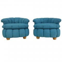 Post Modern Biscuit Tufted Pair Turquoise Lounge Chairs 1980 - 4496873