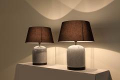 Post Modern Pair of Black White Speckled Ceramic Lamps with Brown Shades - 939840