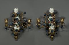 QING DYNASTY TWO LIGHT GILT COPPER MOUNTED PORCELAIN WALL SCONCES - 3906440