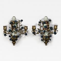 QING DYNASTY TWO LIGHT GILT COPPER MOUNTED PORCELAIN WALL SCONCES - 3908806