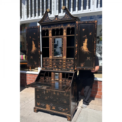 Queen Anne Style Burton Ching Black Chinoiserie Secretary Desk Bookcase - 3715775