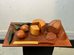 R Naye SIGNED ARTISAN WOOD PLATTER WITH BREAD CHEESE ONIONS PEPPERS AND KNIFE SCULPTURE - 3047013