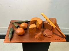 R Naye SIGNED ARTISAN WOOD PLATTER WITH BREAD CHEESE ONIONS PEPPERS AND KNIFE SCULPTURE - 3047014