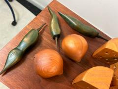 R Naye SIGNED ARTISAN WOOD PLATTER WITH BREAD CHEESE ONIONS PEPPERS AND KNIFE SCULPTURE - 3047016