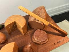 R Naye SIGNED ARTISAN WOOD PLATTER WITH BREAD CHEESE ONIONS PEPPERS AND KNIFE SCULPTURE - 3153723