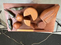 R Naye SIGNED ARTISAN WOOD PLATTER WITH BREAD CHEESE ONIONS PEPPERS AND KNIFE SCULPTURE - 3153726
