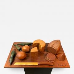 R Naye SIGNED ARTISAN WOOD PLATTER WITH BREAD CHEESE ONIONS PEPPERS AND KNIFE SCULPTURE - 3154448
