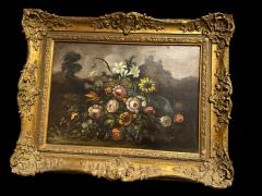 RACHEL RUYSCH 19TH CENTURY FLOWERS BUTTERFLY DARK LANDSCAPE CASTLE IN DISTANCE ORIGINAL FRAME - 4393410