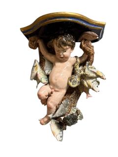 RARE ITALIAN CERAMIC PAIR OF CHERUB ANGEL SEALIFE BIRDS WALL SHELF SCONCES - 4472584