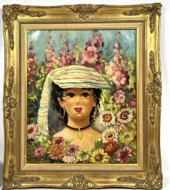 ROBERTA CHEVALIER MID CENTURY PARISIAN GIGI PORTRAIT IN LUSH GARDEN PAINTING SIGNED - 4471986