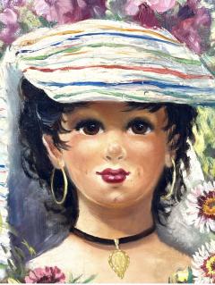 ROBERTA CHEVALIER MID CENTURY PARISIAN GIGI PORTRAIT IN LUSH GARDEN PAINTING SIGNED - 4471988