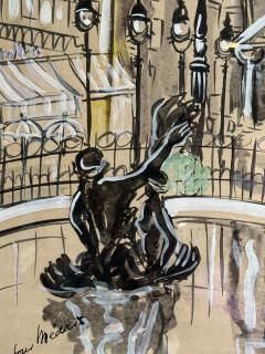 ROMANTIC MID CENTURY GOAUCHE ON PAPER OF PARIS CARREFOUR MEDICIS SIGNED - 4647962