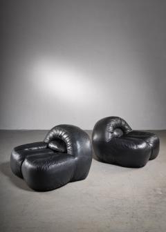 Raphael Raffel Black leather lounge chairs France - 2019456