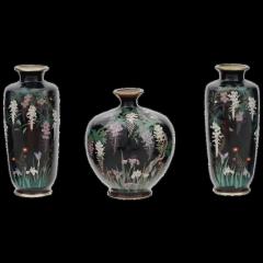 Rare 3 Piece Set of Antique Meiji Japanese Cloisonne Enamel Silver Wire Vases - 3902492