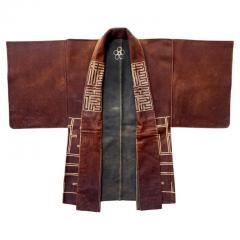 Rare Antique Japanese Leather Fireman Jacket Kawabaori with Stencil Design - 4813634