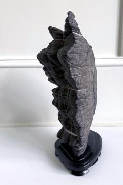 Rare Chinese Antique Black and White Lingbi Scholar Stone on Display Stand - 4207370