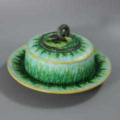 Rare George Jones Majolica Muffin Dish with Snake Handle - 4323623