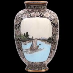 Rare High Quality Meiji Japanese Cloisonne Enamel Vase River Mountain landscape - 3903630
