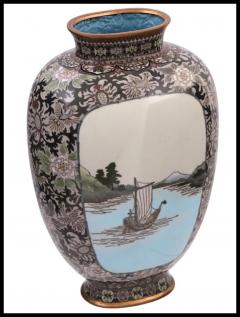 Rare High Quality Meiji Japanese Cloisonne Enamel Vase River Mountain landscape - 3903657