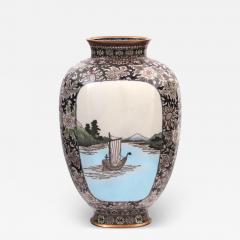 Rare High Quality Meiji Japanese Cloisonne Enamel Vase River Mountain landscape - 3934141