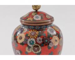 Rare Japanese Cloisonne Enamel Covered Jar with Transparent Red Ground Floral - 4556042