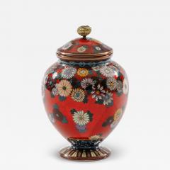 Rare Japanese Cloisonne Enamel Covered Jar with Transparent Red Ground Floral - 4556232