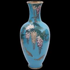 Rare Japanese Closionne Enamel Vase with Wisteria and Fish Signed - 3903647