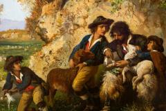 Rare Landscape Painting of Shepherds and Injured Lamb by Hermann Corrodi - 4500815