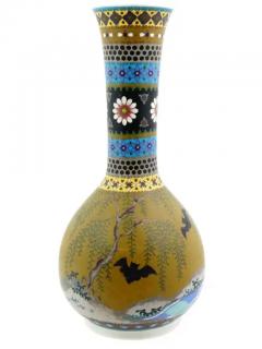 Rare Meiji Japanese Cloisonne Enamel On Porcelain Bats Vase Signed - 4120367
