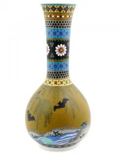 Rare Meiji Japanese Cloisonne Enamel On Porcelain Bats Vase Signed - 4120369